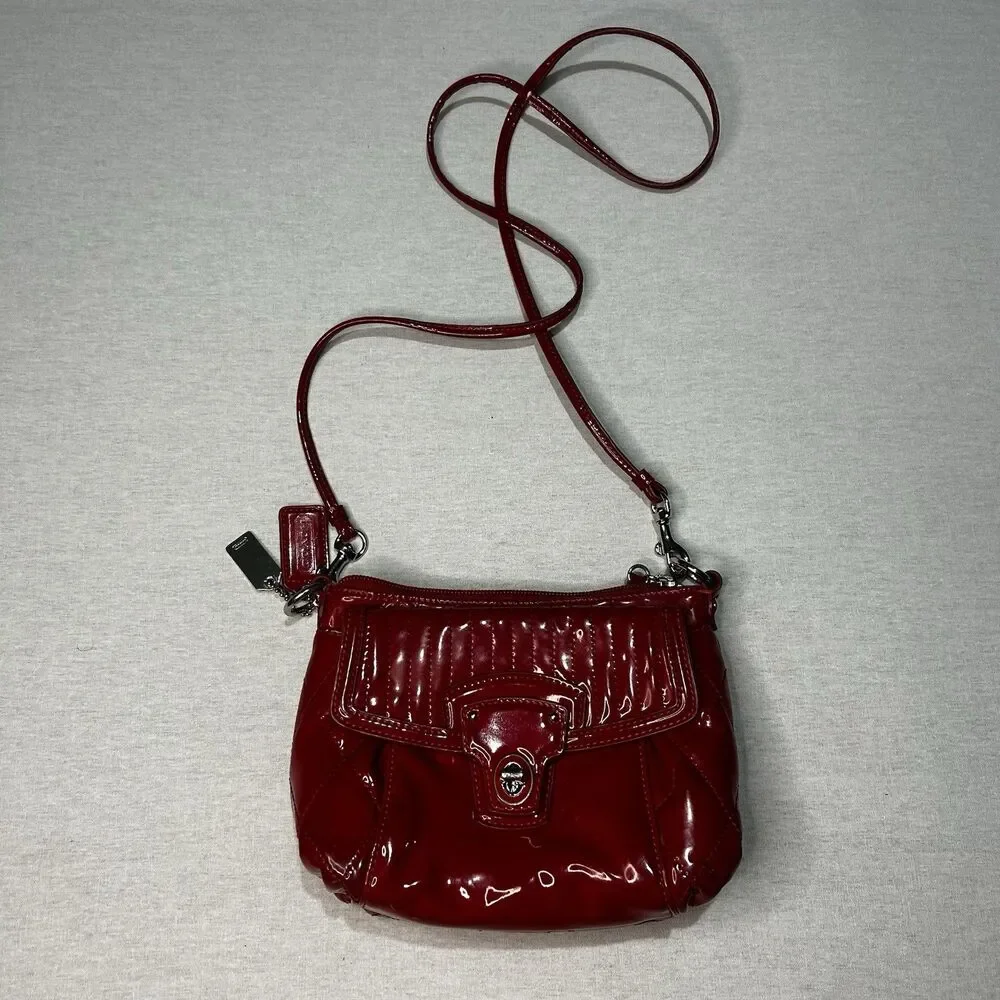 Coach Poppy Mini Crossbody bag in red, quilted, patent leather, double hang tags